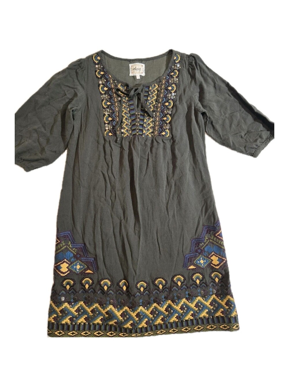 sweet by miss me cotton tunic dress Embroidered Boho Olive Green Sz M Cottage